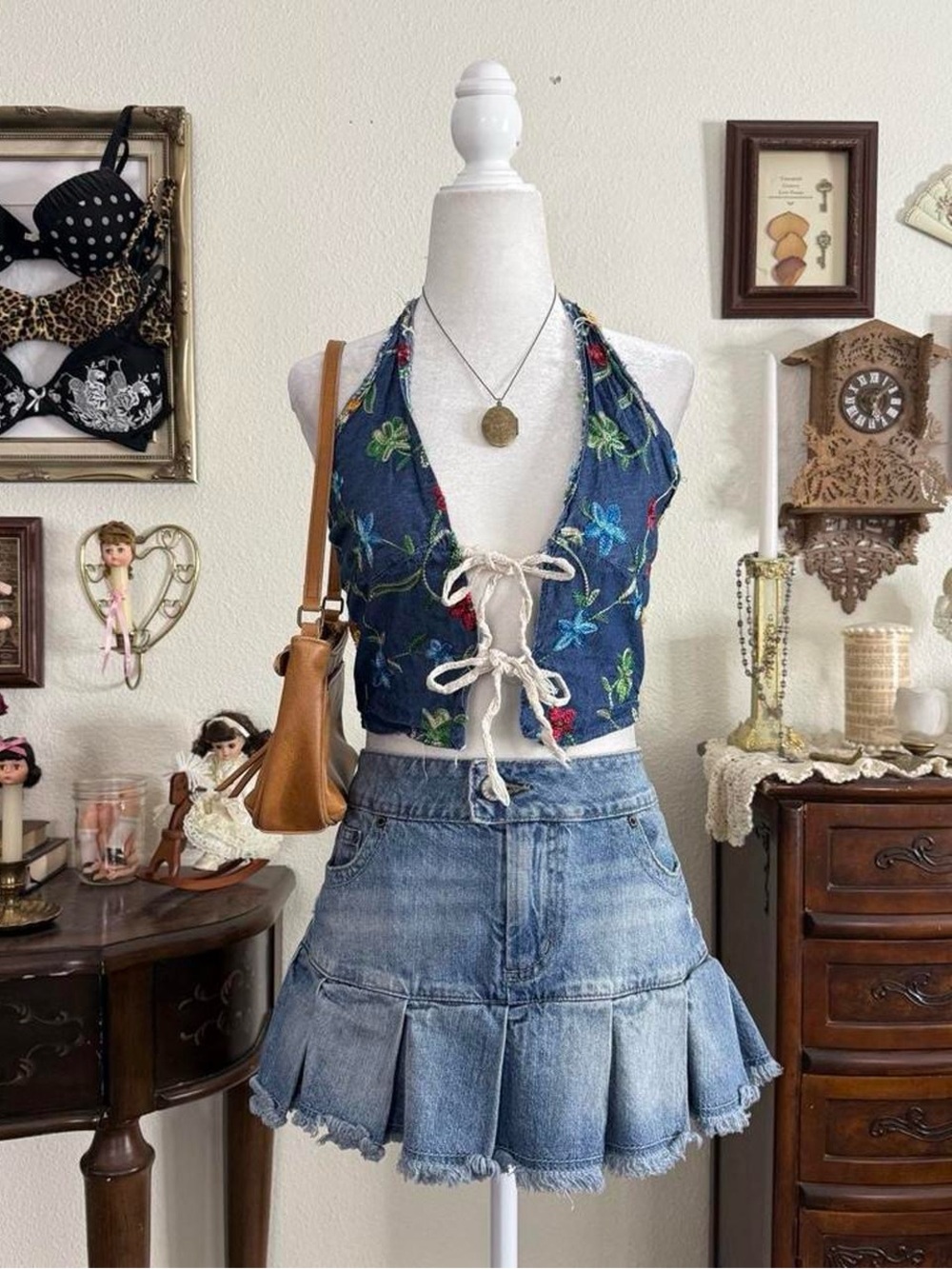 Handmade boho fairy grunge whimsical floral embroidered denim cropped halter top